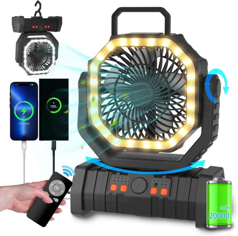Adust Portable Camping Fan Battery Powered Operated with LED Light 20000mAh Rechargeable Oscillating Fan with 360° Rotation Hanging Hook for Tents, USB Desk Fan for Bedroom, Office (Black) - Image 1